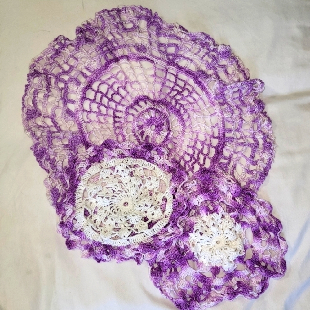Vintage Crochet Lace Doilie Set 3 Purples White Round Large Medium